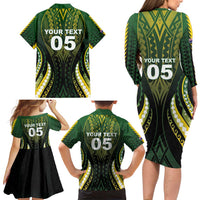 Custom Cook Islands Rugby Family Matching Long Sleeve Bodycon Dress and Hawaiian Shirt Unique Style Black Version - Polynesian Pride