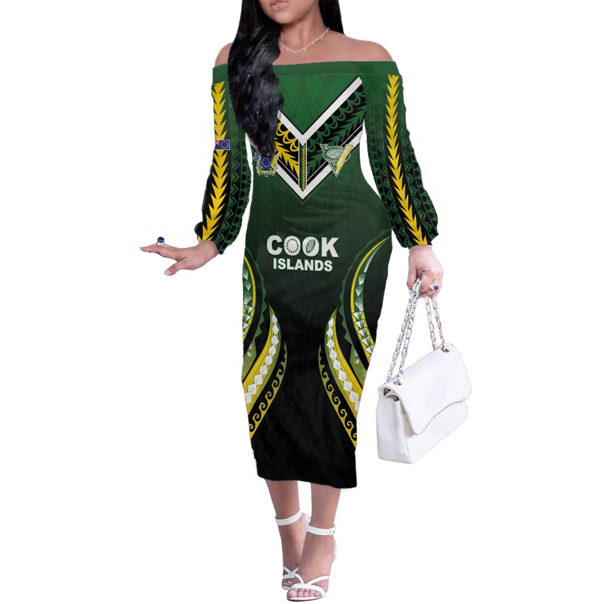 Custom Cook Islands Rugby Family Matching Off The Shoulder Long Sleeve Dress and Hawaiian Shirt Unique Style Black Version - Polynesian Pride