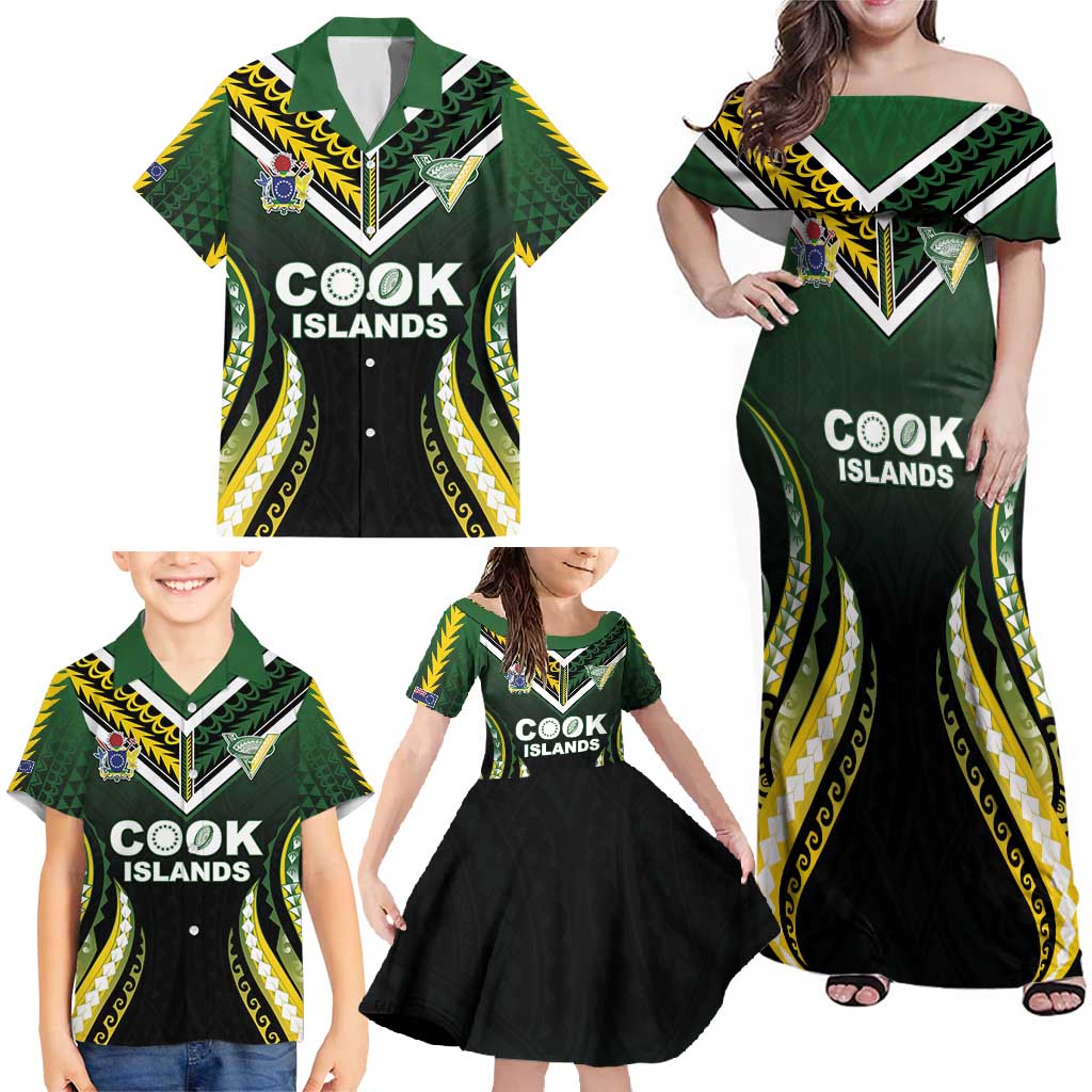 Custom Cook Islands Rugby Family Matching Off Shoulder Maxi Dress and Hawaiian Shirt Unique Style Black Version - Polynesian Pride