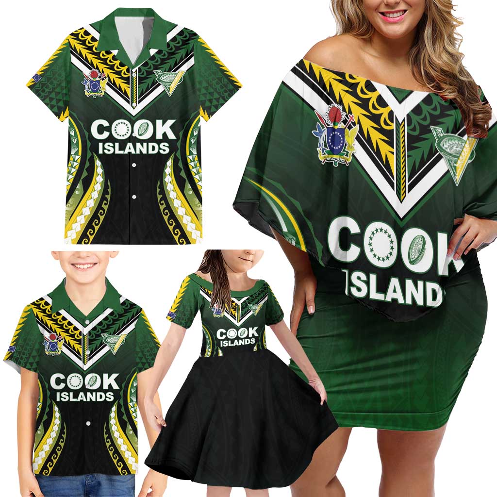 Custom Cook Islands Rugby Family Matching Off Shoulder Short Dress and Hawaiian Shirt Unique Style Black Version - Polynesian Pride