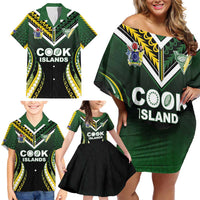 Custom Cook Islands Rugby Family Matching Off Shoulder Short Dress and Hawaiian Shirt Unique Style Black Version - Polynesian Pride