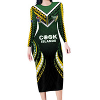 Custom Cook Islands Rugby Long Sleeve Bodycon Dress Unique Style Black Version - Polynesian Pride