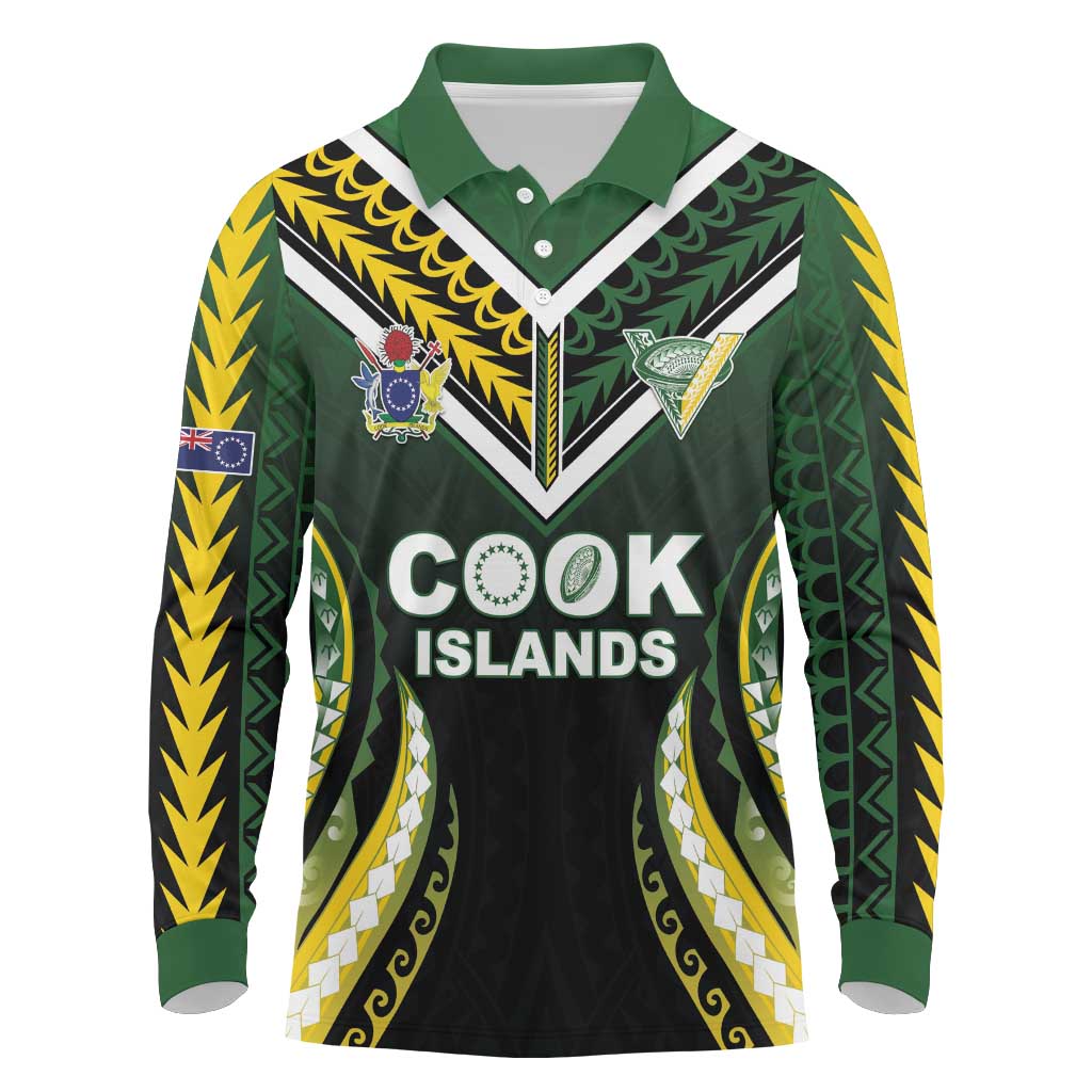 Custom Cook Islands Rugby Long Sleeve Polo Shirt Unique Style Black Version - Polynesian Pride