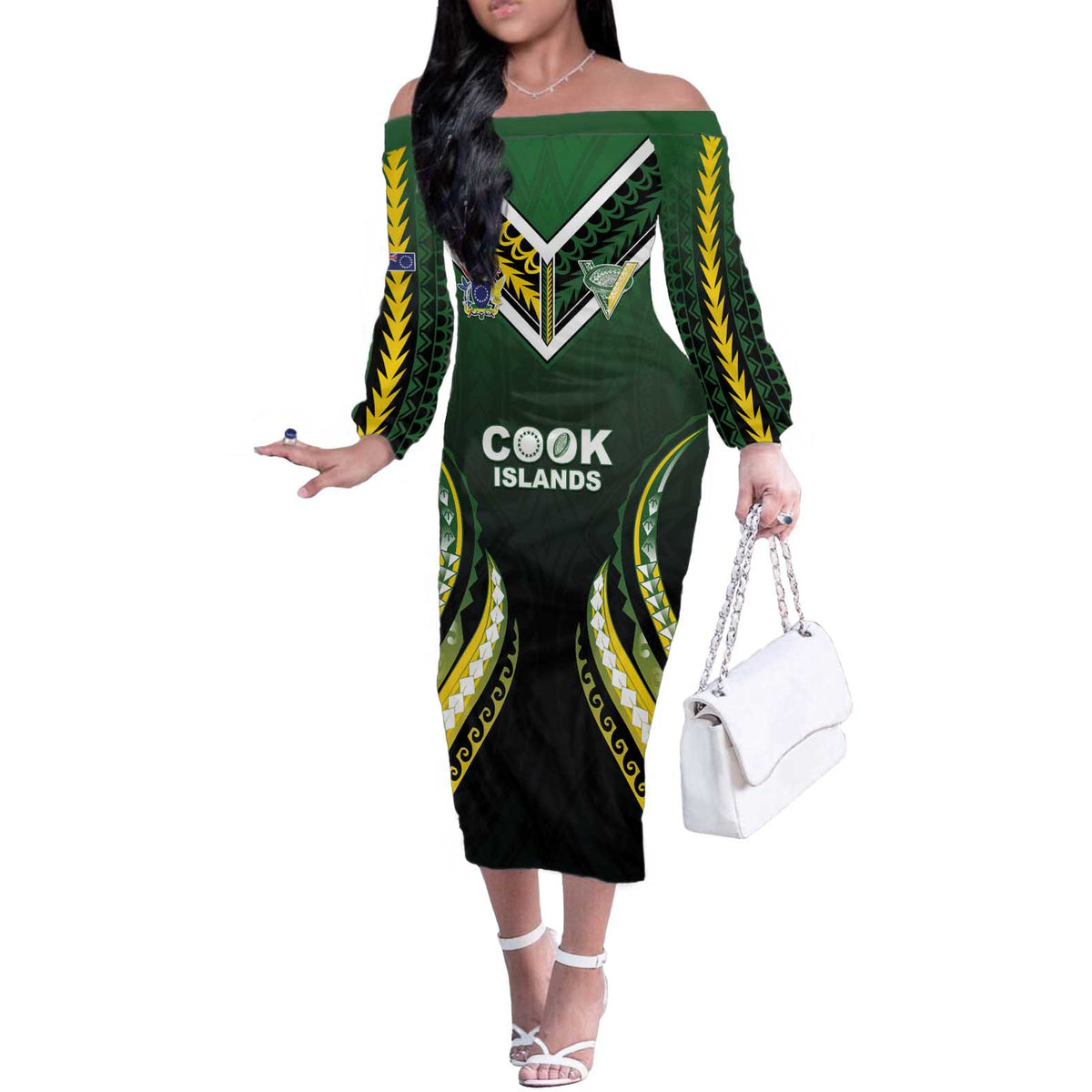 Custom Cook Islands Rugby Off The Shoulder Long Sleeve Dress Unique Style Black Version - Polynesian Pride