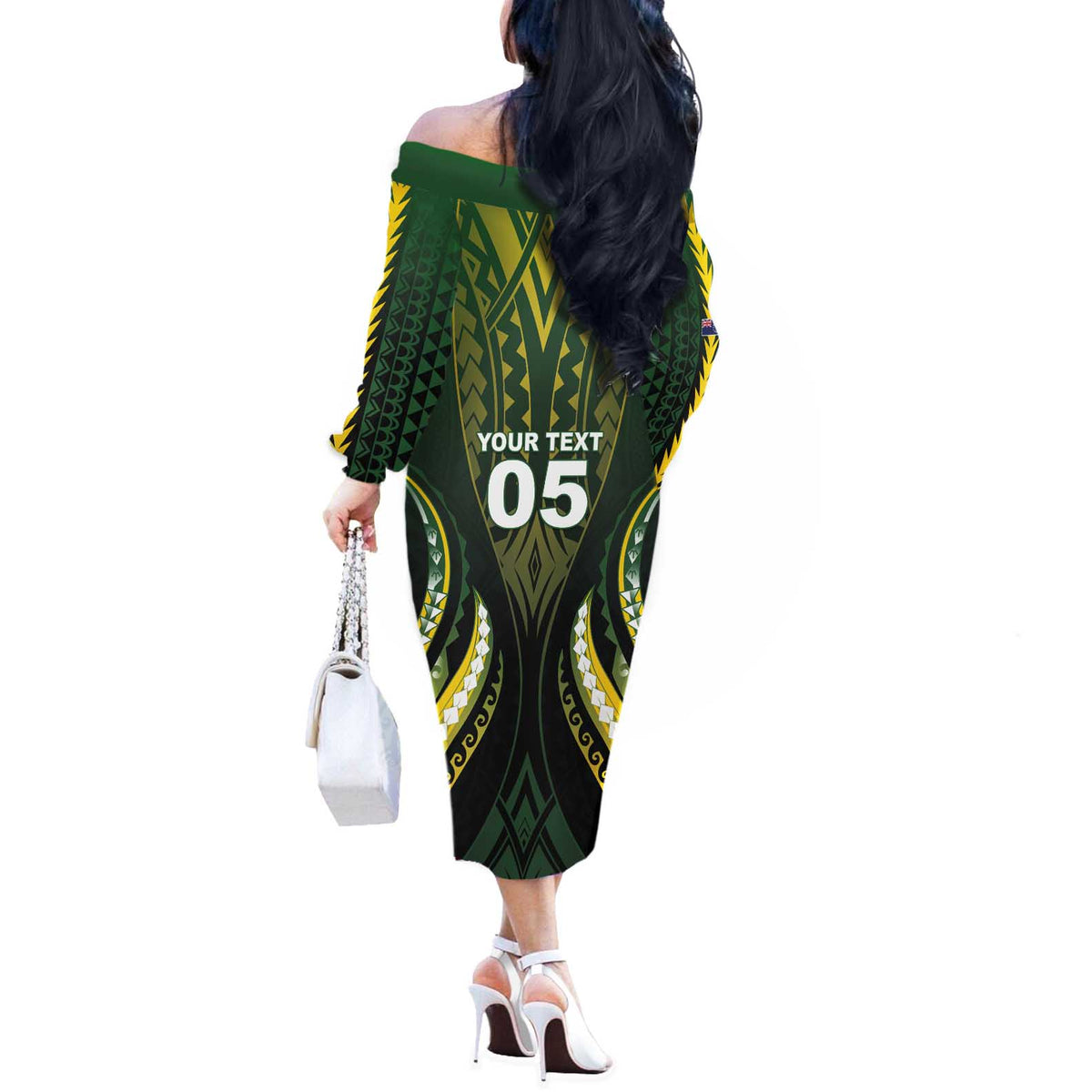 Custom Cook Islands Rugby Off The Shoulder Long Sleeve Dress Unique Style Black Version - Polynesian Pride