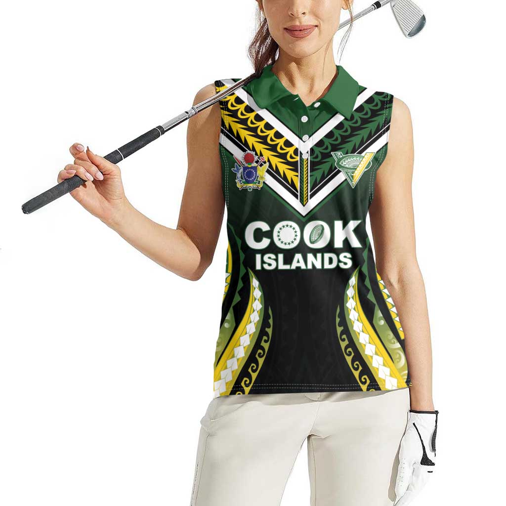 Custom Cook Islands Rugby Women Sleeveless Polo Shirt Unique Style Black Version - Polynesian Pride