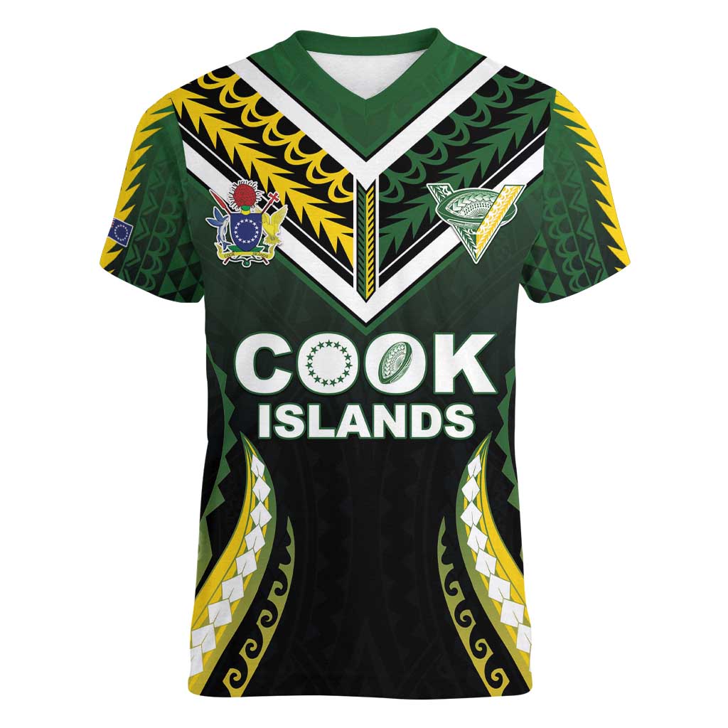 Custom Cook Islands Rugby Women V-Neck T-Shirt Unique Style Black Version - Polynesian Pride