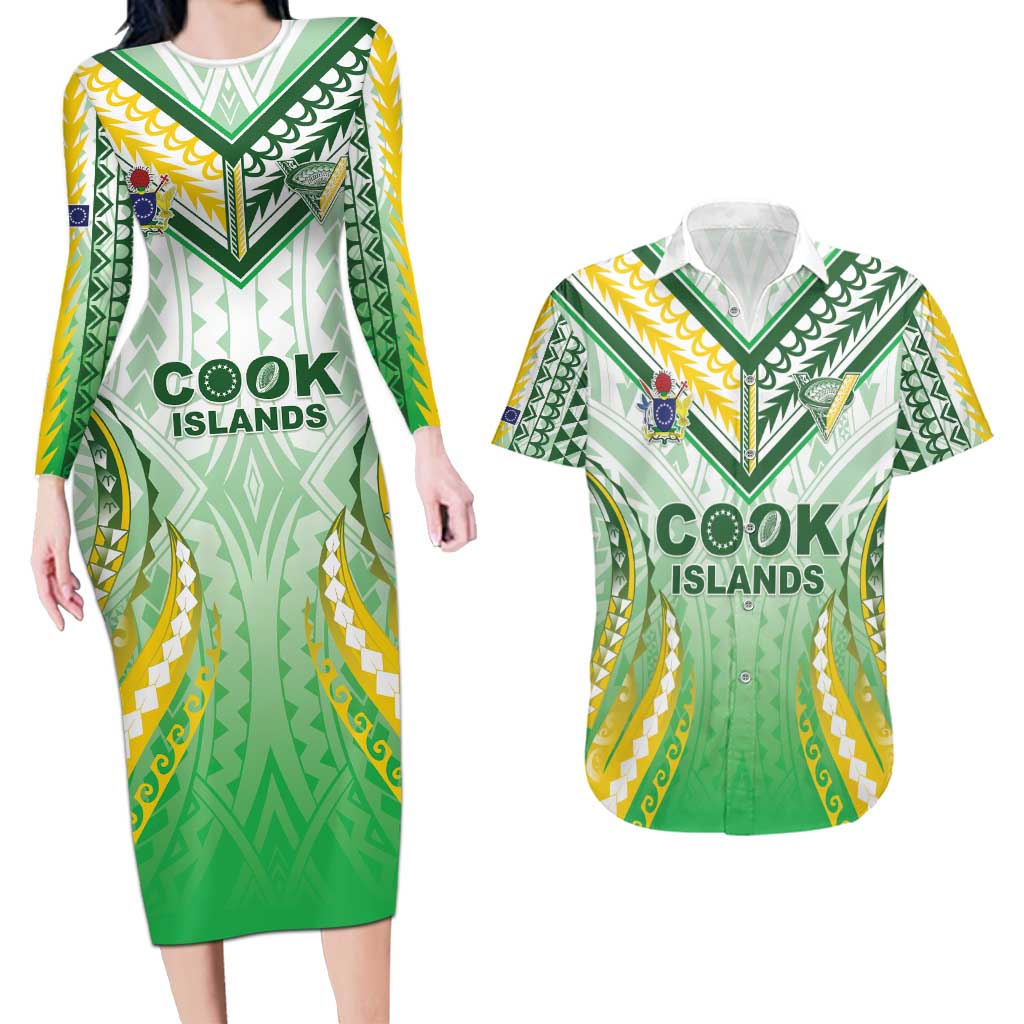 Custom Cook Islands Rugby Couples Matching Long Sleeve Bodycon Dress and Hawaiian Shirt Unique Style White Version - Polynesian Pride