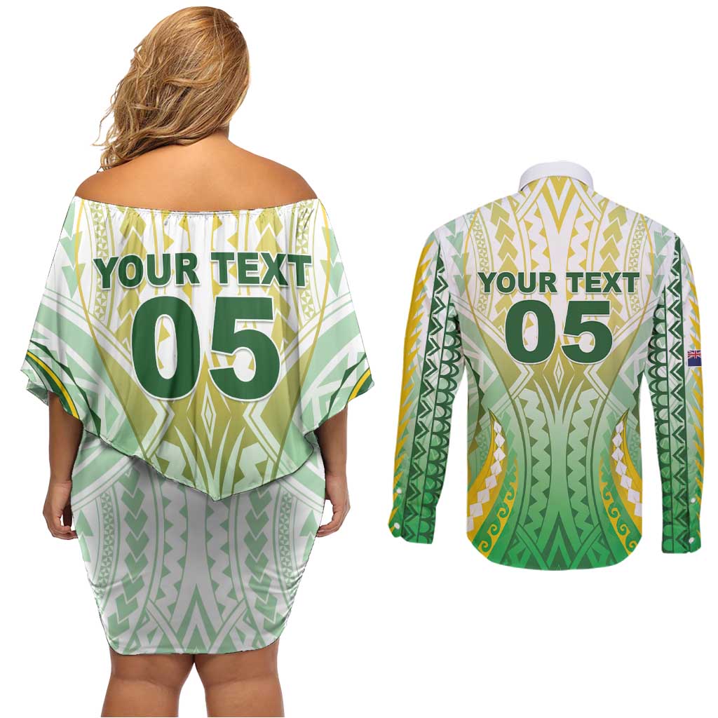 Custom Cook Islands Rugby Couples Matching Off Shoulder Short Dress and Long Sleeve Button Shirt Unique Style White Version - Polynesian Pride