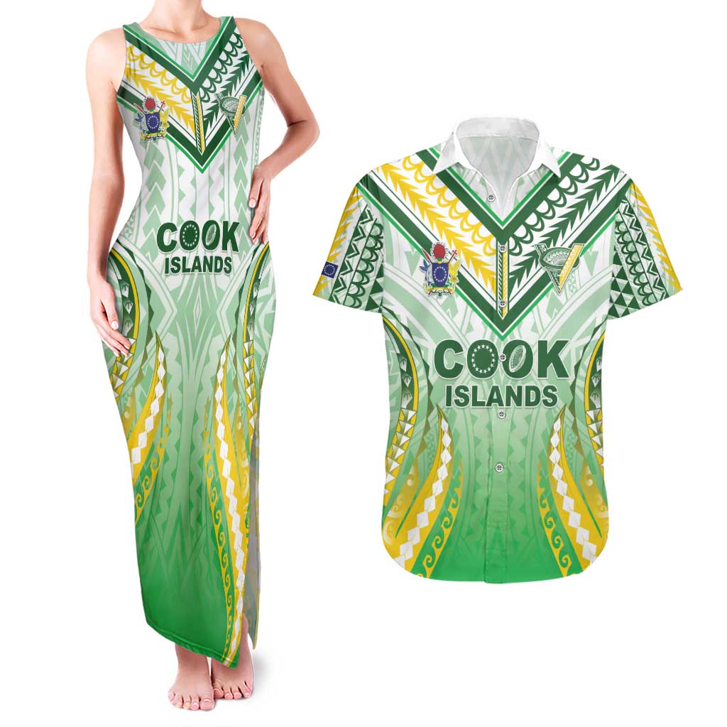 Custom Cook Islands Rugby Couples Matching Tank Maxi Dress and Hawaiian Shirt Unique Style White Version - Polynesian Pride