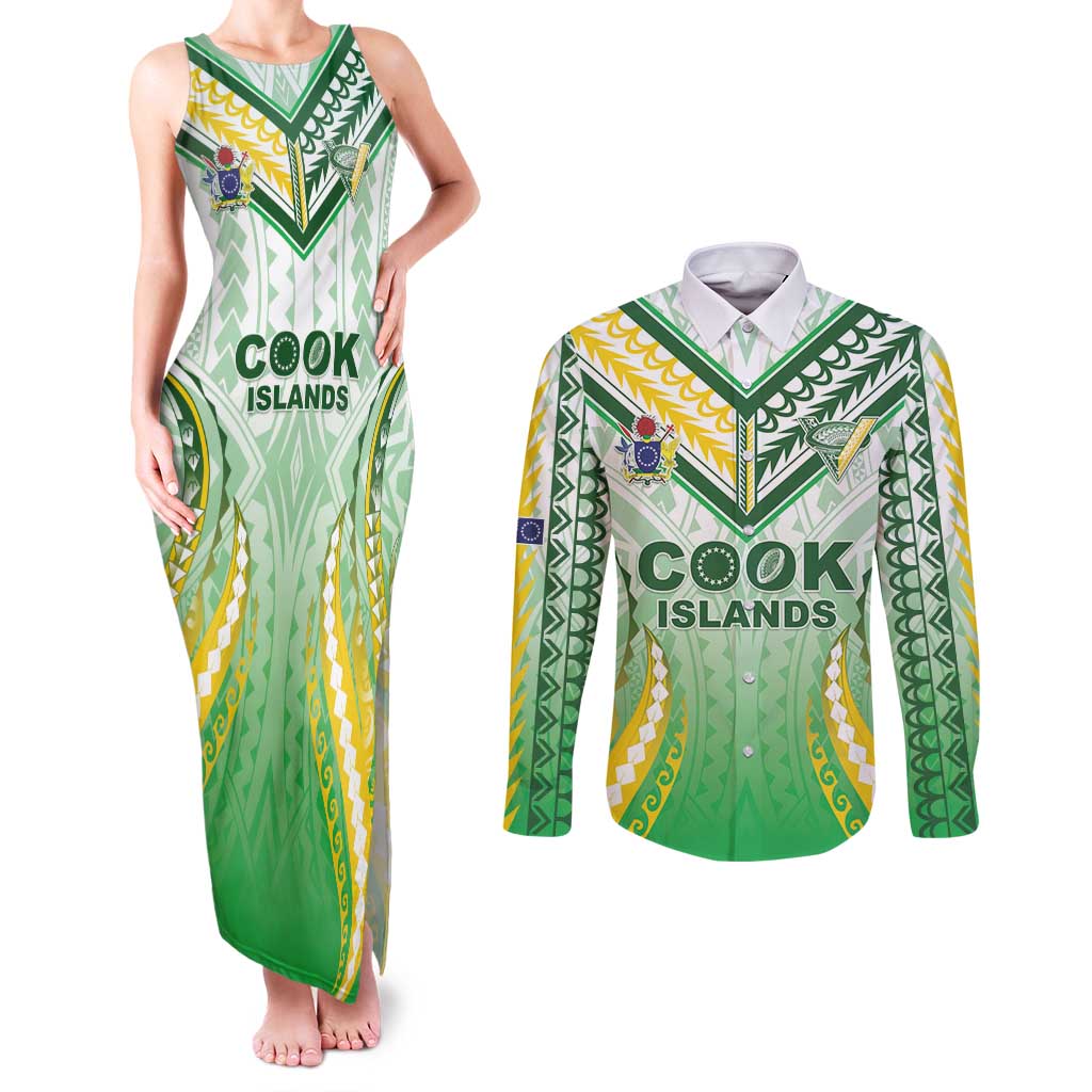 Custom Cook Islands Rugby Couples Matching Tank Maxi Dress and Long Sleeve Button Shirt Unique Style White Version - Polynesian Pride