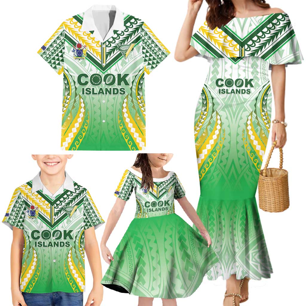 Custom Cook Islands Rugby Family Matching Mermaid Dress and Hawaiian Shirt Unique Style White Version - Polynesian Pride