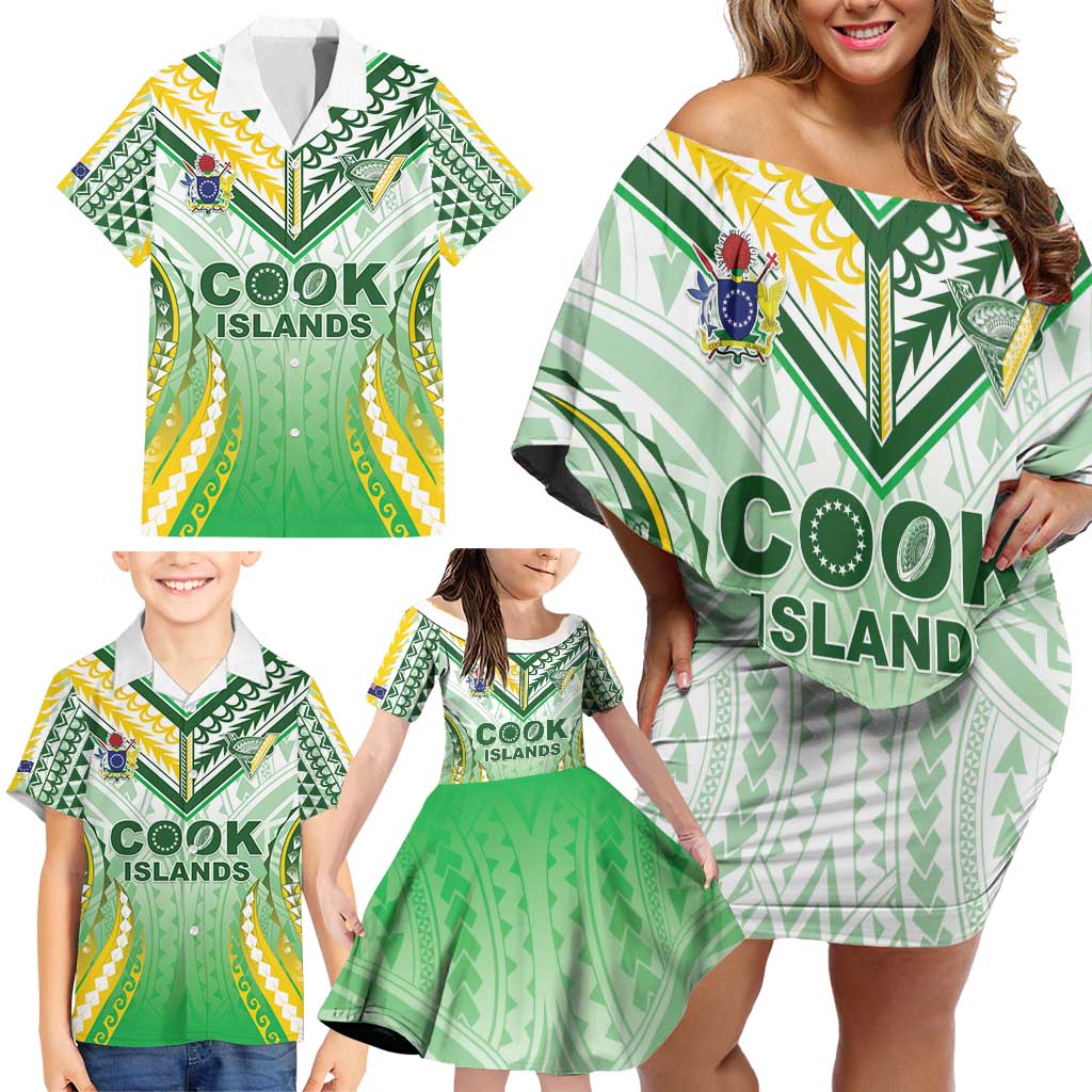 Custom Cook Islands Rugby Family Matching Off Shoulder Short Dress and Hawaiian Shirt Unique Style White Version - Polynesian Pride
