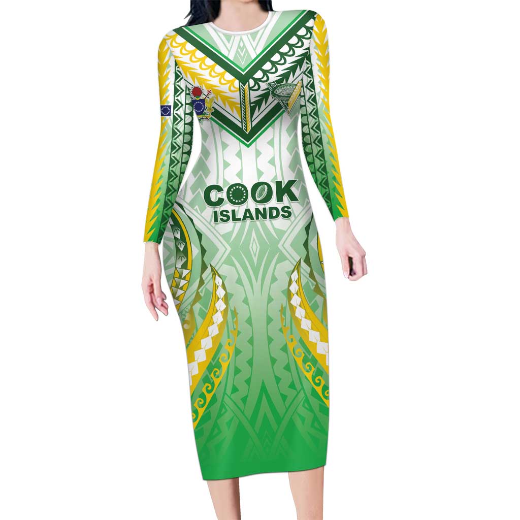 Custom Cook Islands Rugby Long Sleeve Bodycon Dress Unique Style White Version - Polynesian Pride
