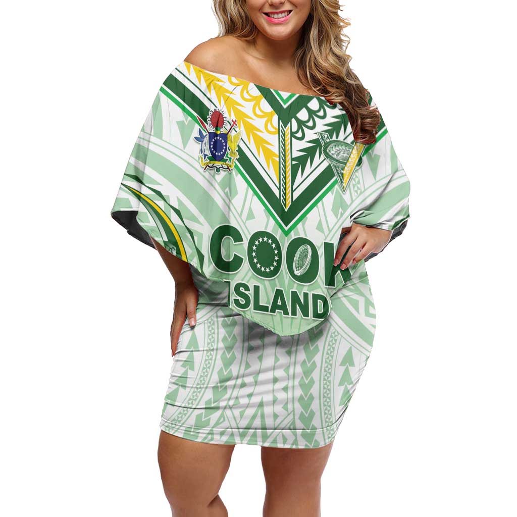 Custom Cook Islands Rugby Off Shoulder Short Dress Unique Style White Version - Polynesian Pride