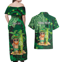 Personalised Hawaii St.Patrick Day Couples Matching Off Shoulder Maxi Dress and Hawaiian Shirt Surfing Leprechaun LT05 - Polynesian Pride