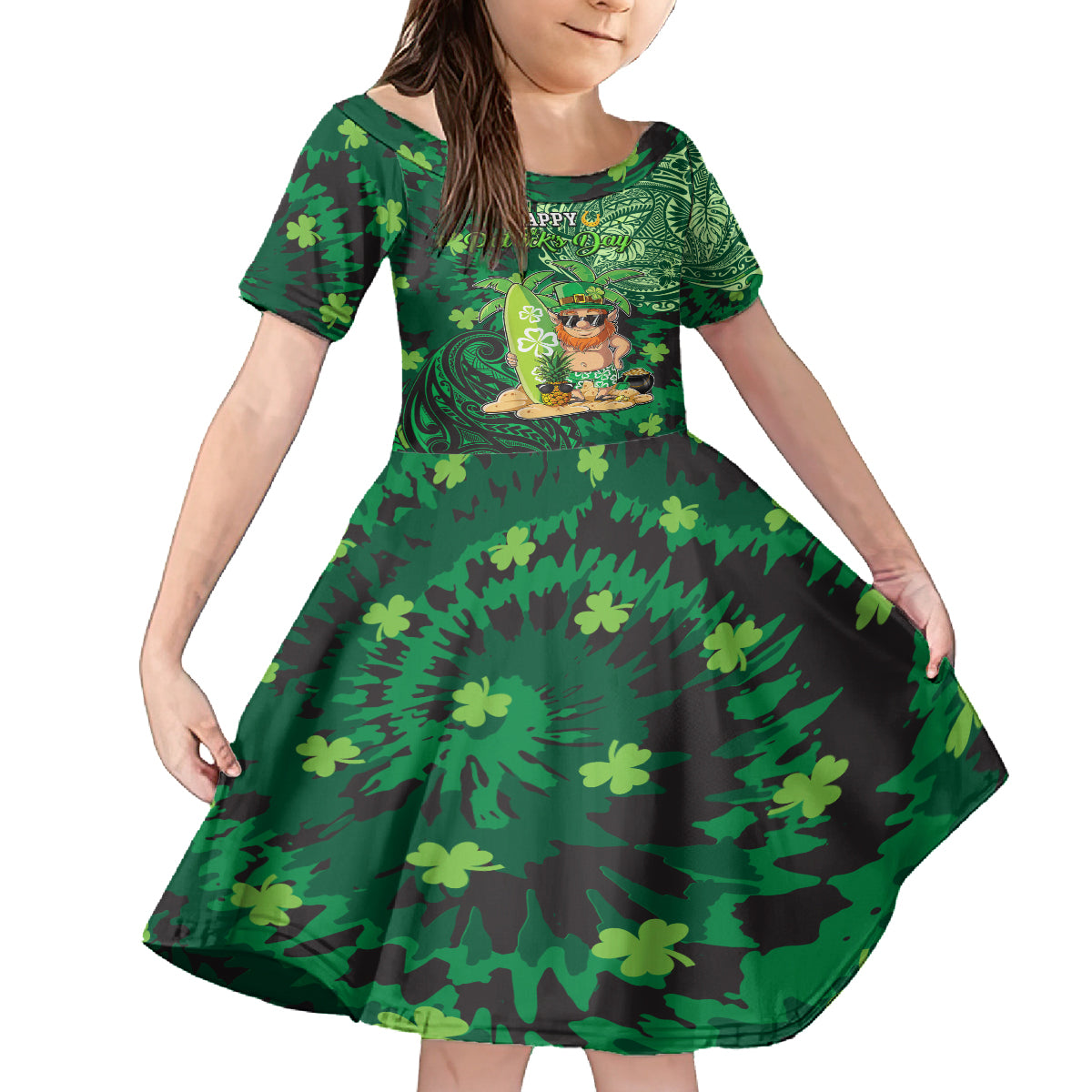 Personalised Hawaii St.Patrick Day Family Matching Summer Maxi Dress and Hawaiian Shirt Surfing Leprechaun LT05 Daughter's Dress Green - Polynesian Pride