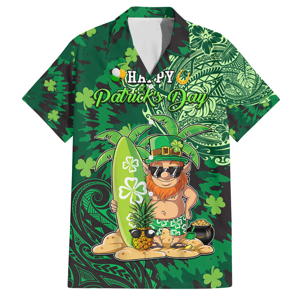 Personalised Hawaii St.Patrick Day Family Matching Summer Maxi Dress and Hawaiian Shirt Surfing Leprechaun LT05 Dad's Shirt - Short Sleeve Green - Polynesian Pride