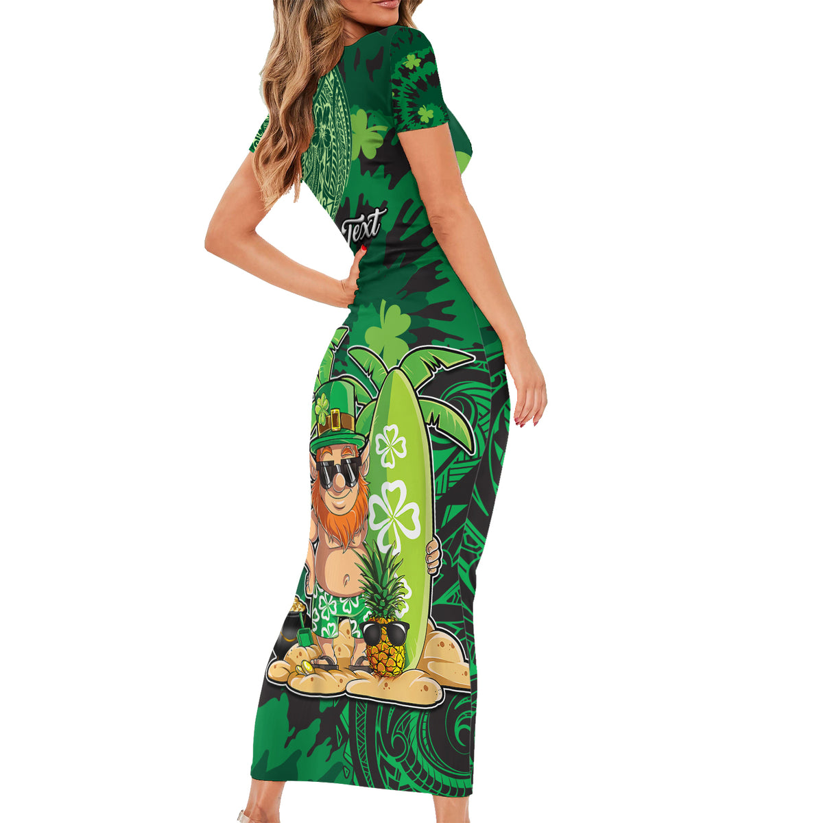 Personalised Hawaii St.Patrick Day Short Sleeve Bodycon Dress Surfing Leprechaun LT05 - Polynesian Pride