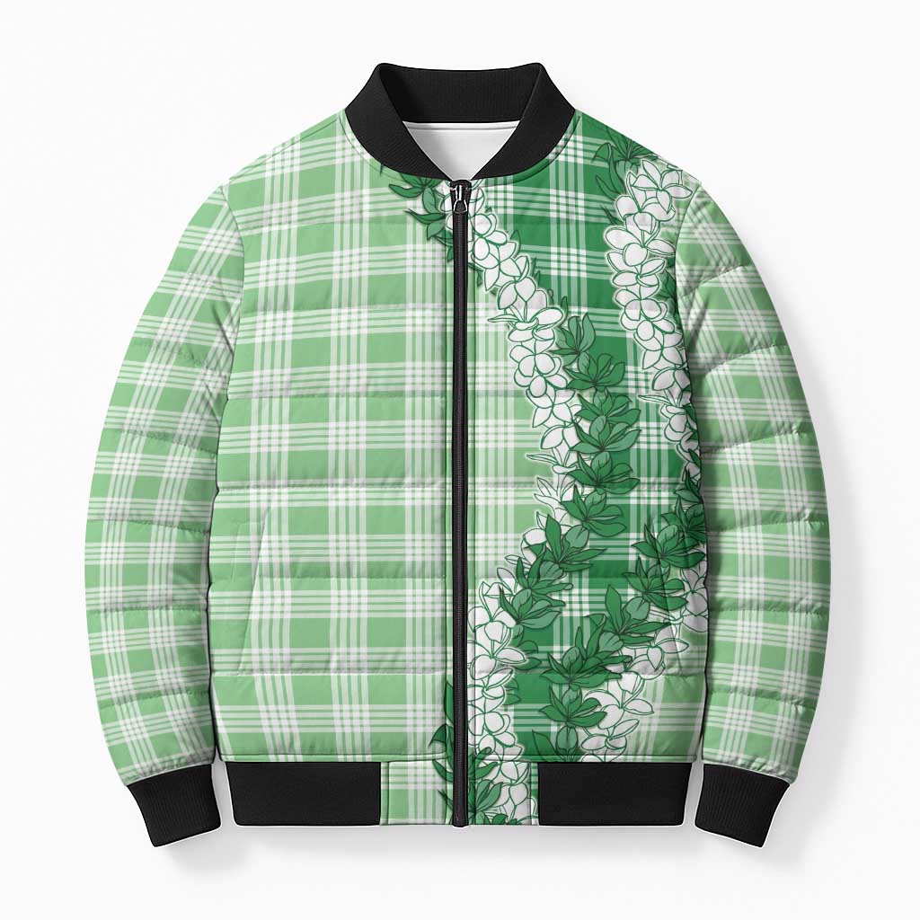 Green Hawaii Palaka Bomber Puffer Jacket Hawaiian Honohono Lei
