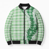 Green Hawaii Palaka Bomber Puffer Jacket Hawaiian Honohono Lei