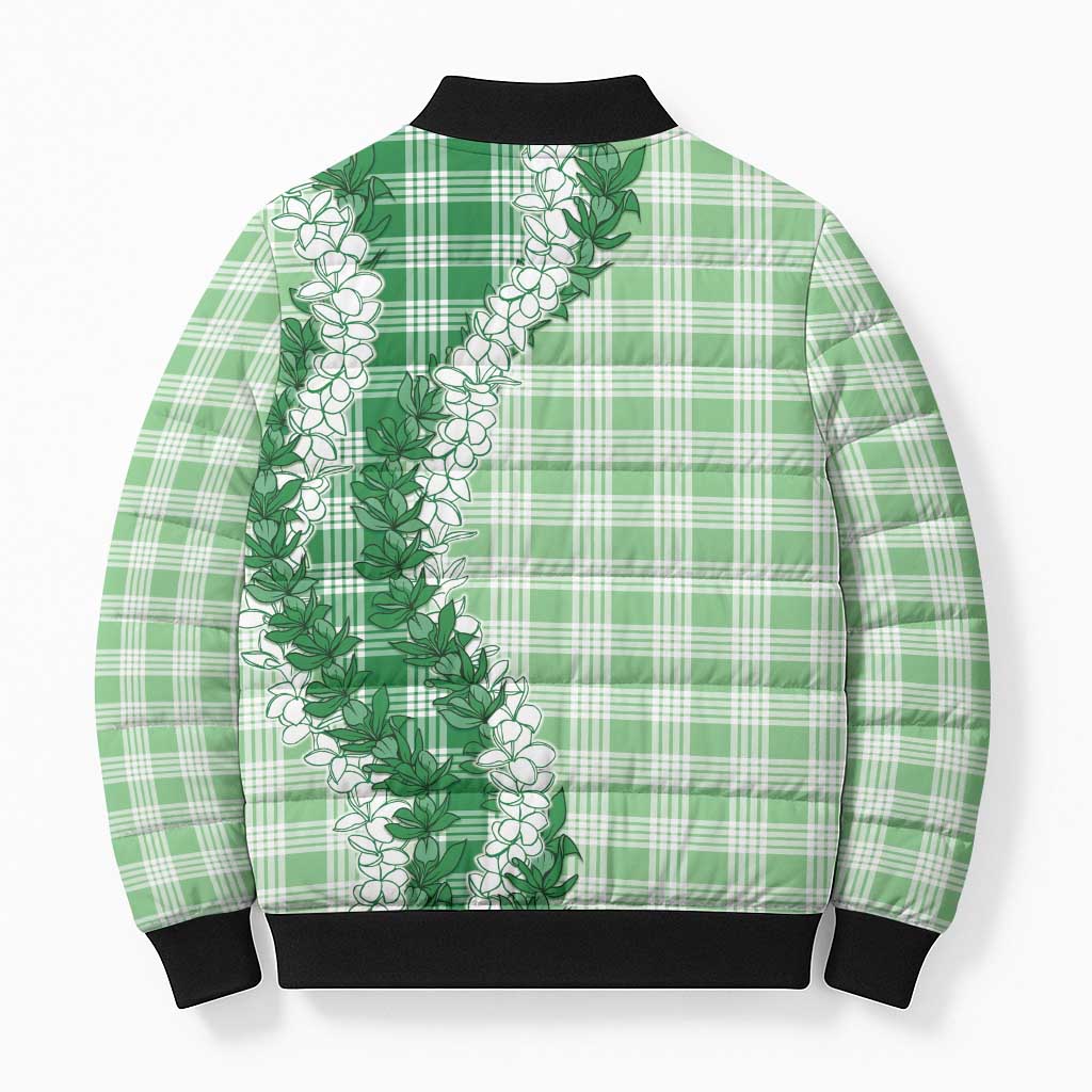 Green Hawaii Palaka Bomber Puffer Jacket Hawaiian Honohono Lei