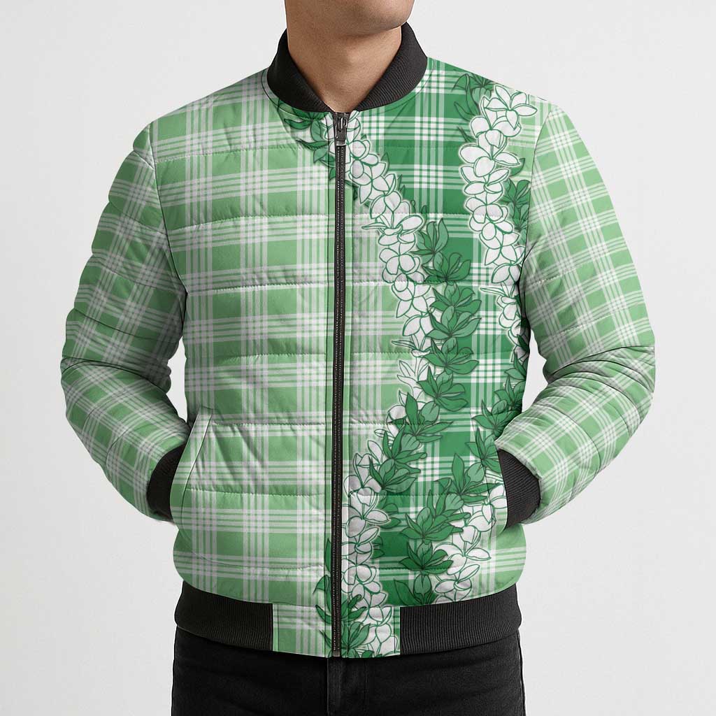 Green Hawaii Palaka Bomber Puffer Jacket Hawaiian Honohono Lei