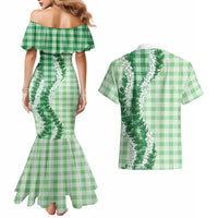 Green Hawaii Palaka Couples Matching Mermaid Dress and Hawaiian Shirt Hawaiian Honohono Lei LT05 - Polynesian Pride