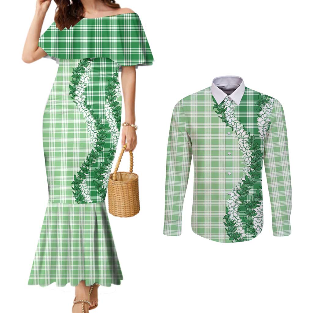 Green Hawaii Palaka Couples Matching Mermaid Dress and Long Sleeve Button Shirt Hawaiian Honohono Lei