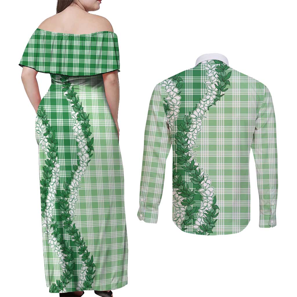 Green Hawaii Palaka Couples Matching Off Shoulder Maxi Dress and Long Sleeve Button Shirt Hawaiian Honohono Lei LT05 - Polynesian Pride