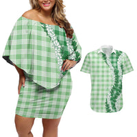 Green Hawaii Palaka Couples Matching Off Shoulder Short Dress and Hawaiian Shirt Hawaiian Honohono Lei