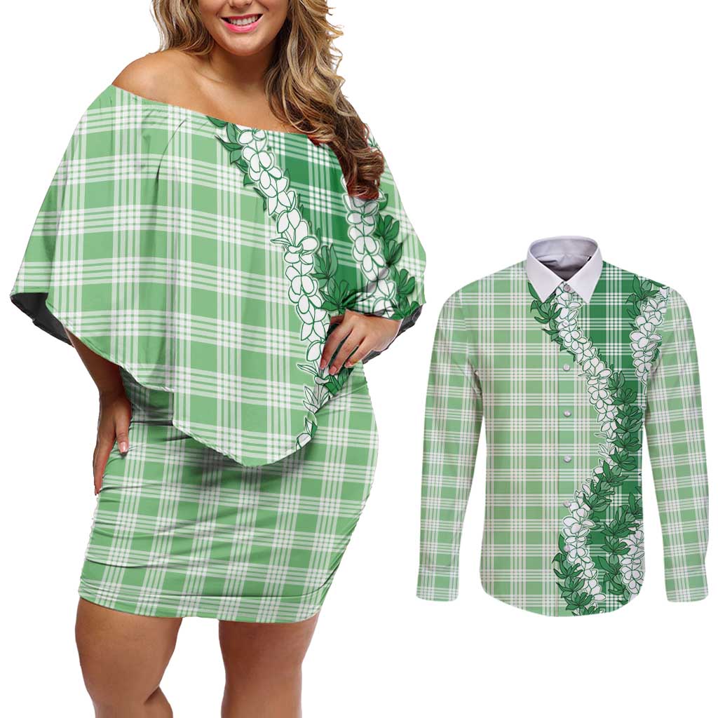 Green Hawaii Palaka Couples Matching Off Shoulder Short Dress and Long Sleeve Button Shirt Hawaiian Honohono Lei LT05 Green - Polynesian Pride