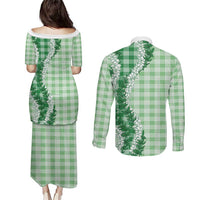 Green Hawaii Palaka Couples Matching Puletasi and Long Sleeve Button Shirt Hawaiian Honohono Lei LT05 - Polynesian Pride
