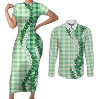 Green Hawaii Palaka Couples Matching Short Sleeve Bodycon Dress and Long Sleeve Button Shirt Hawaiian Honohono Lei