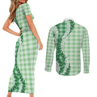 Green Hawaii Palaka Couples Matching Short Sleeve Bodycon Dress and Long Sleeve Button Shirt Hawaiian Honohono Lei