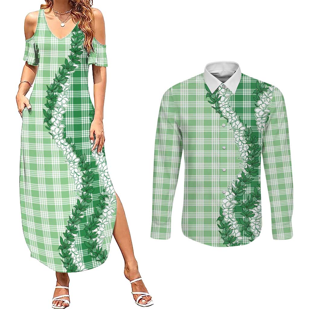 Green Hawaii Palaka Couples Matching Summer Maxi Dress and Long Sleeve Button Shirt Hawaiian Honohono Lei LT05 Green - Polynesian Pride