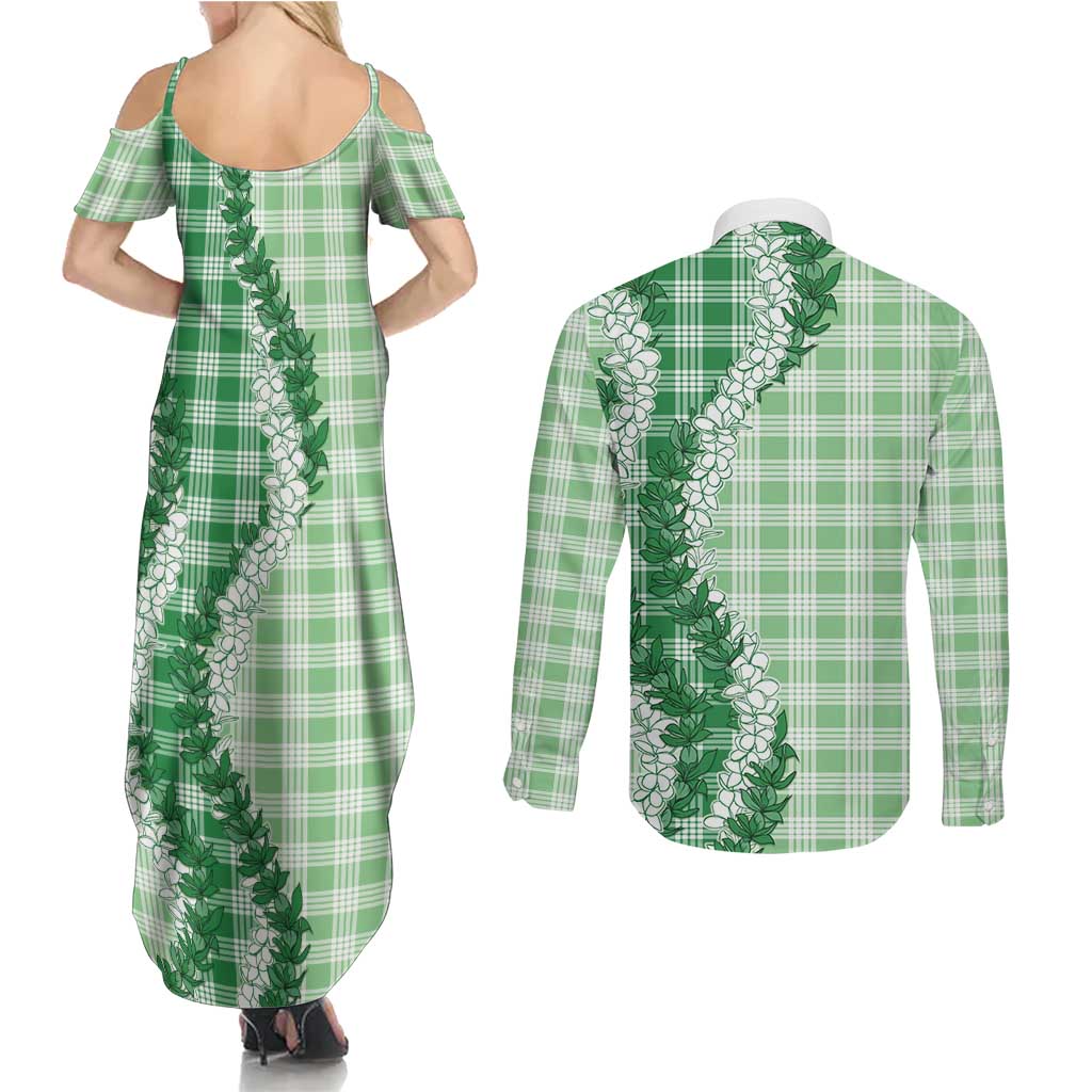 Green Hawaii Palaka Couples Matching Summer Maxi Dress and Long Sleeve Button Shirt Hawaiian Honohono Lei LT05 - Polynesian Pride