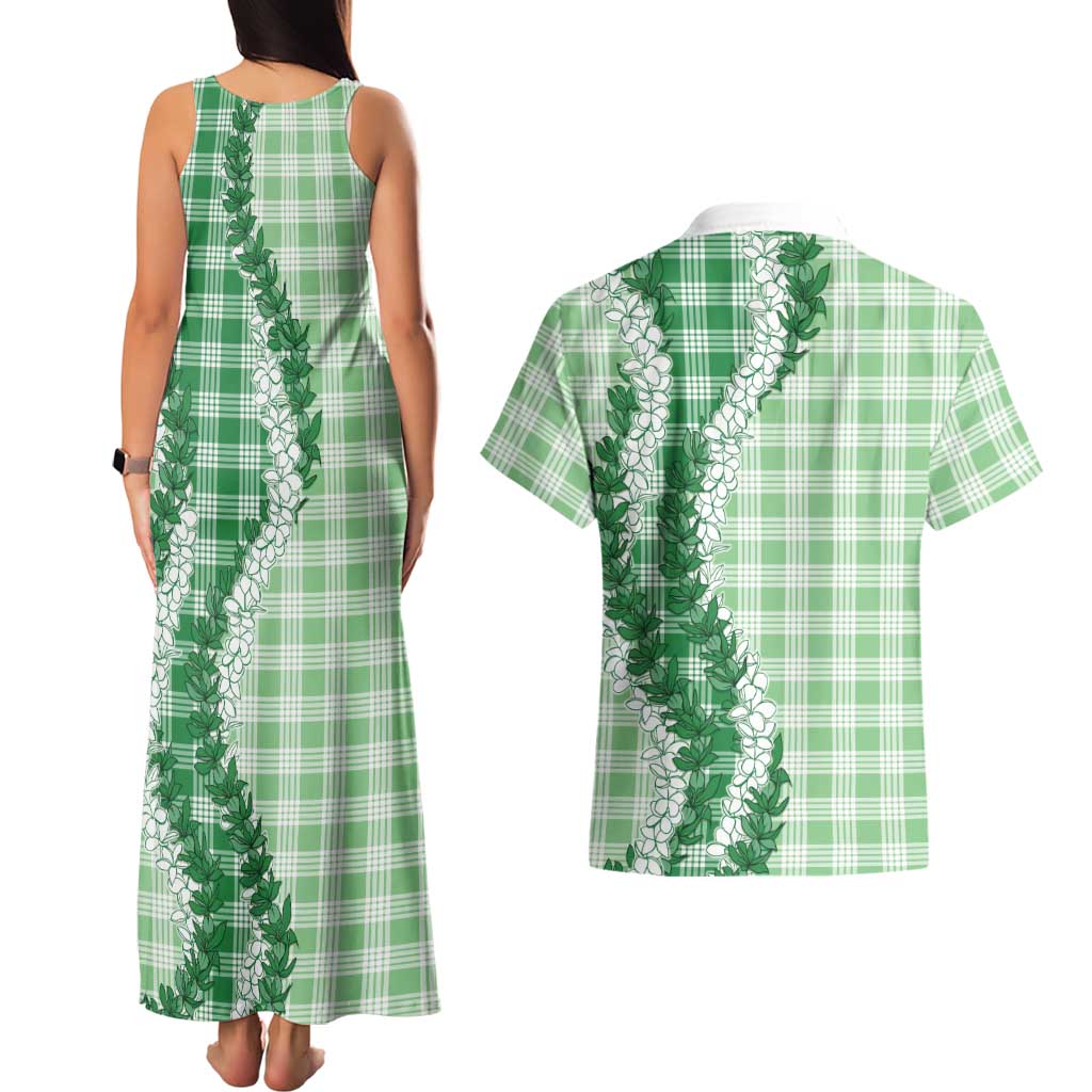 Green Hawaii Palaka Couples Matching Tank Maxi Dress and Hawaiian Shirt Hawaiian Honohono Lei