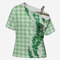 Green Hawaii Palaka Cross Shoulder Shirt Hawaiian Honohono Lei