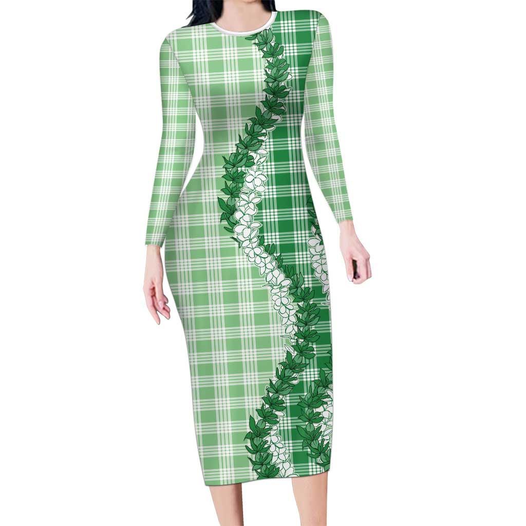 Green Hawaii Palaka Family Matching Long Sleeve Bodycon Dress and Hawaiian Shirt Hawaiian Honohono Lei LT05 Mom's Dress Green - Polynesian Pride