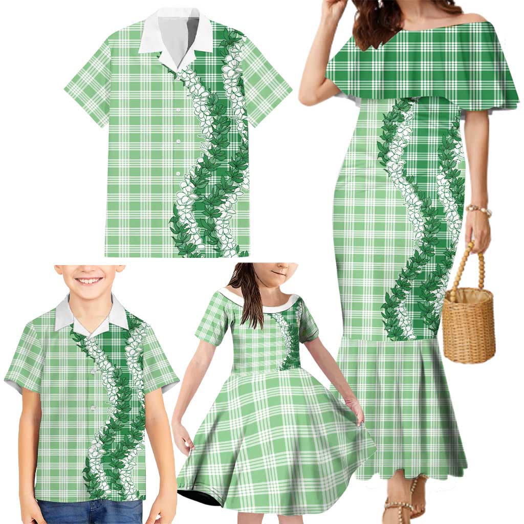 Green Hawaii Palaka Family Matching Mermaid Dress and Hawaiian Shirt Hawaiian Honohono Lei LT05 - Polynesian Pride