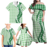 Green Hawaii Palaka Family Matching Off Shoulder Maxi Dress and Hawaiian Shirt Hawaiian Honohono Lei LT05 - Polynesian Pride