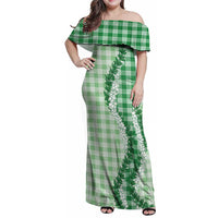 Green Hawaii Palaka Family Matching Off Shoulder Maxi Dress and Hawaiian Shirt Hawaiian Honohono Lei LT05 Mom's Dress Green - Polynesian Pride