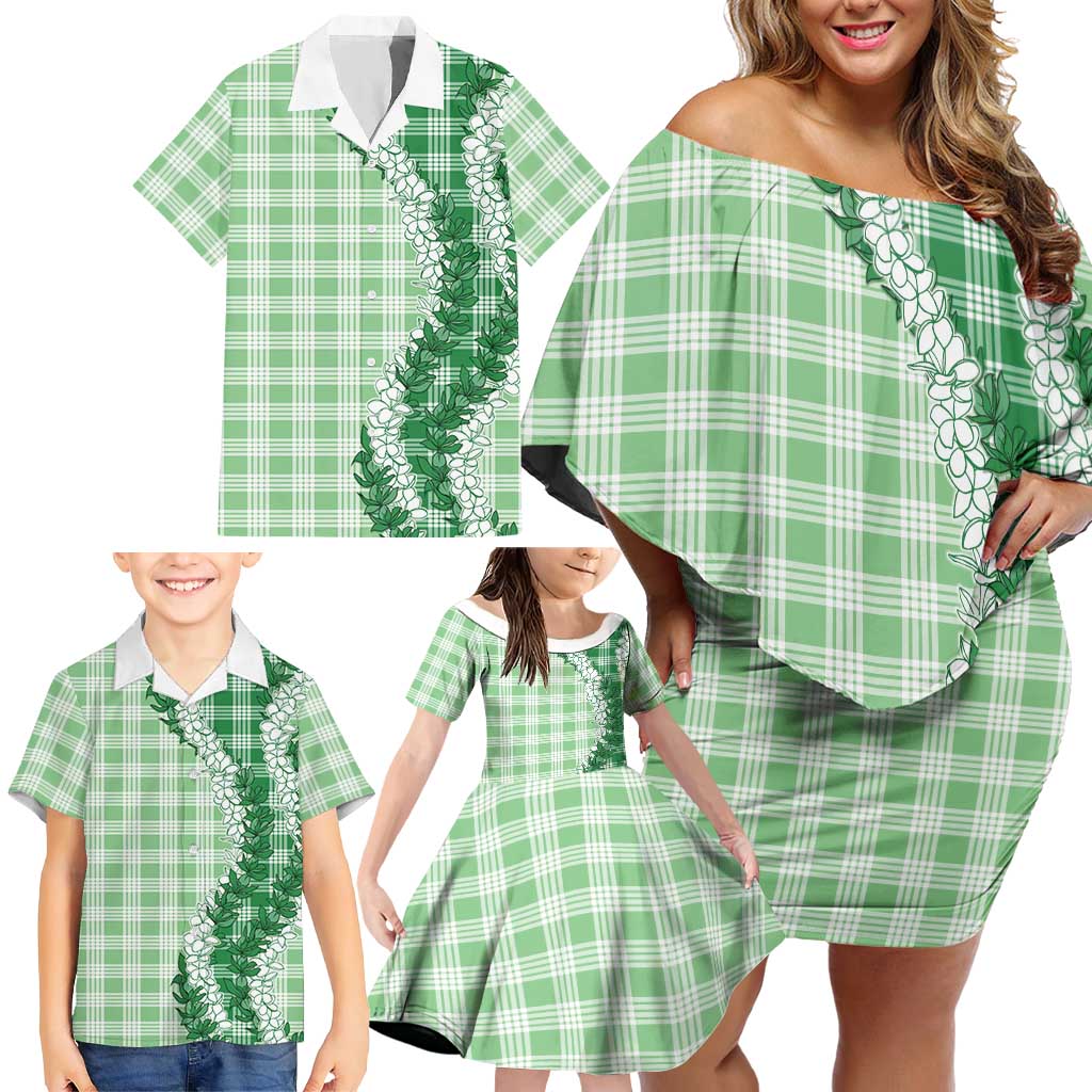 Green Hawaii Palaka Family Matching Off Shoulder Short Dress and Hawaiian Shirt Hawaiian Honohono Lei LT05 - Polynesian Pride