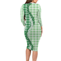 Green Hawaii Palaka Long Sleeve Bodycon Dress Hawaiian Honohono Lei LT05 - Polynesian Pride