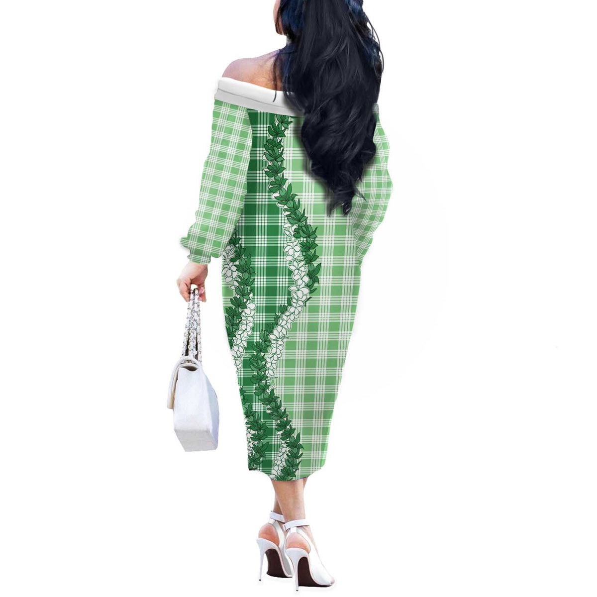 Green Hawaii Palaka Off The Shoulder Long Sleeve Dress Hawaiian Honohono Lei LT05 - Polynesian Pride