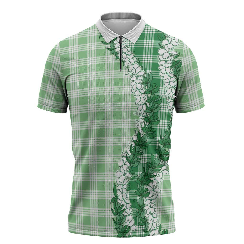 Green Hawaii Palaka Zipper Polo Shirt Hawaiian Honohono Lei