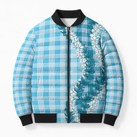 Blue Hawaii Palaka Bomber Puffer Jacket Hawaiian Honohono Lei