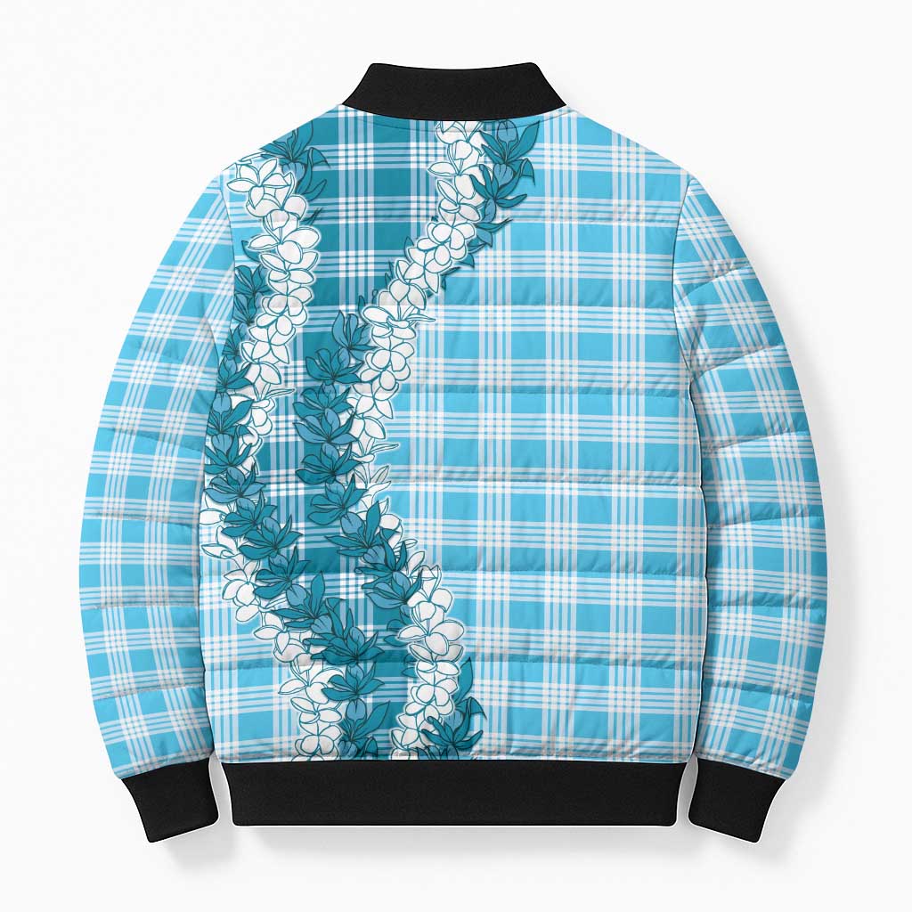 Blue Hawaii Palaka Bomber Puffer Jacket Hawaiian Honohono Lei