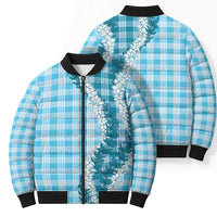 Blue Hawaii Palaka Bomber Puffer Jacket Hawaiian Honohono Lei